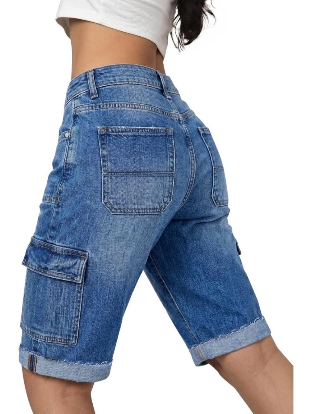 Casual Mid Waist Bermuda Denim Shorts for Women | Straight Leg, Flap Pockets